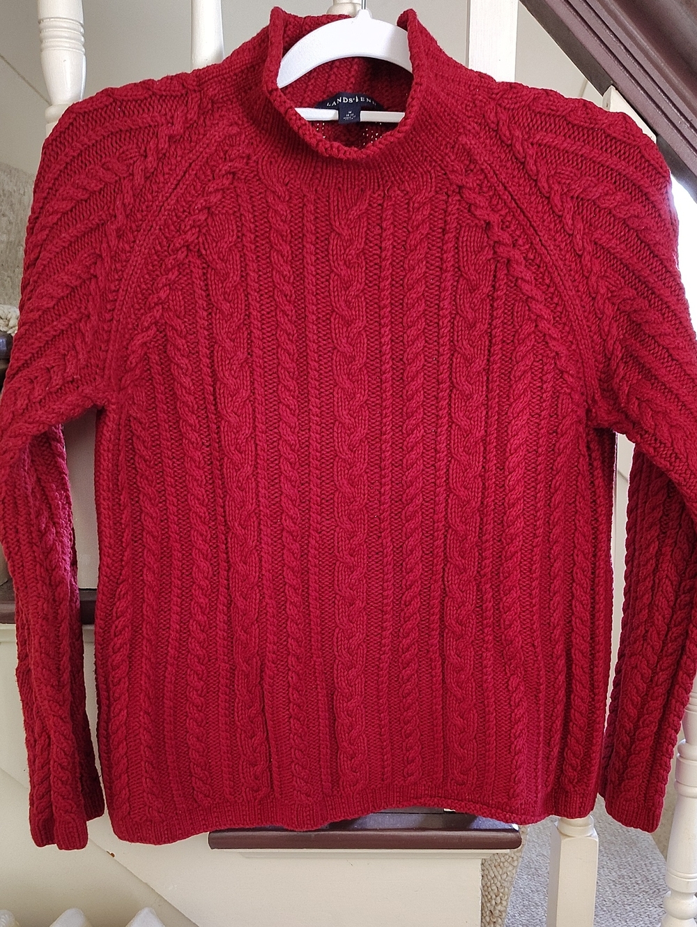 Lands' End Red Cable-Knit Mock Neck Sweater